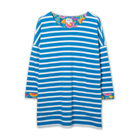 Kite blue and white striped round necked tunic. Three quarter sleeves with floral cuffs. Flat view.