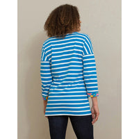 Kite blue and white striped round necked tunic. Three quarter sleeves with floral cuffs. Back view.