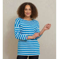 Kite blue and white striped round necked tunic. Three quarter sleeves with floral cuffs. Front view.