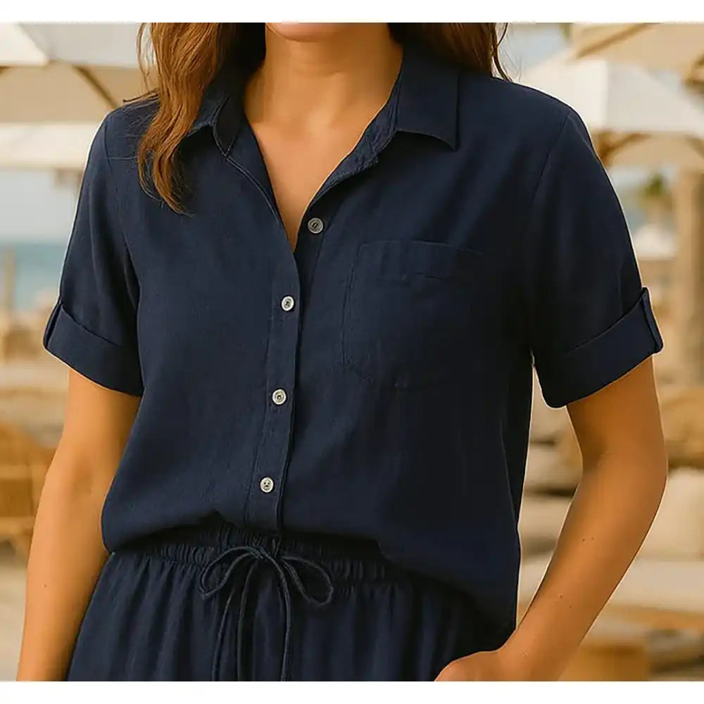 Linen Cotton Blend Shirt - Navy
