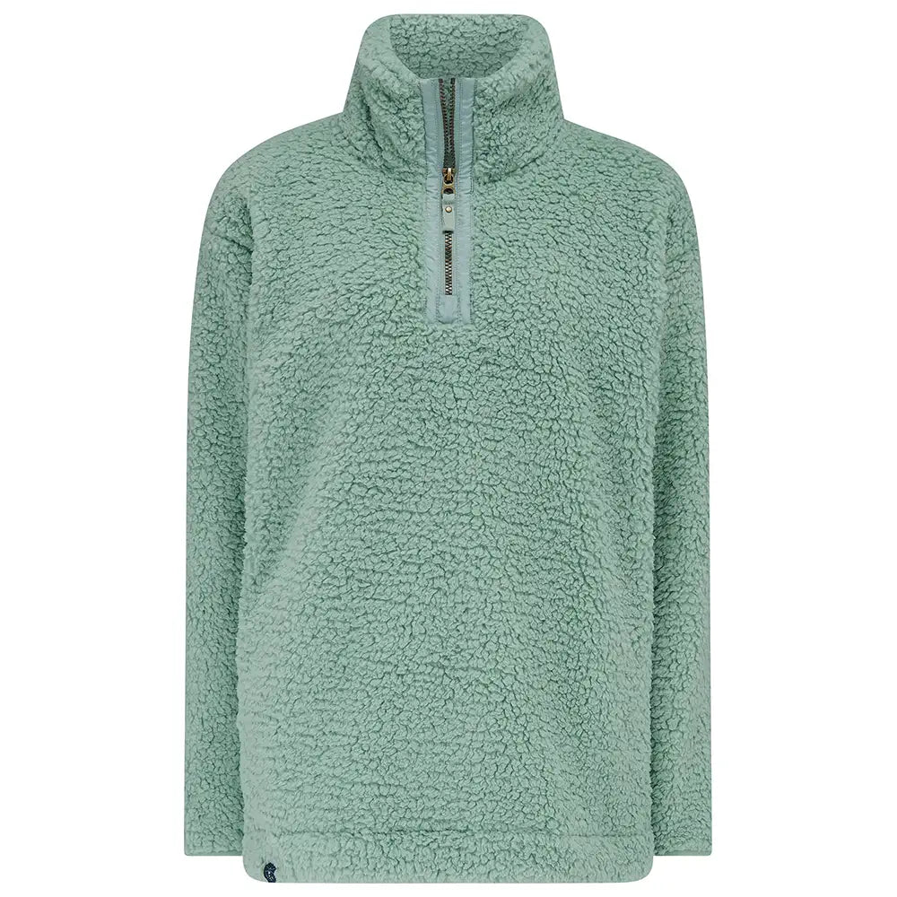 Green fleece pullover with a quarter zip on a white background