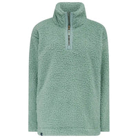 Green fleece pullover with a quarter zip on a white background