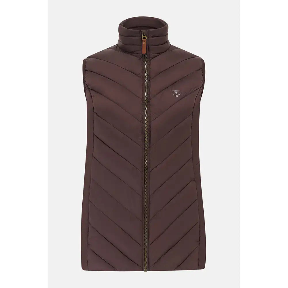 A dark brown sleeveless quilted puffer vest with a high stand-up collar and front zipper, shown on a light gray background.
