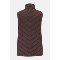 A sleeveless quilted puffer vest with a high mock neck, shown from the back. The vest features a chevron quilted pattern and is in a dark brown color, set against a light gray background.