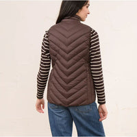 A woman shown from the back wearing a brown chevron quilted puffer vest over a brown and white striped long-sleeve shirt and blue jeans, standing against a light textured wall.