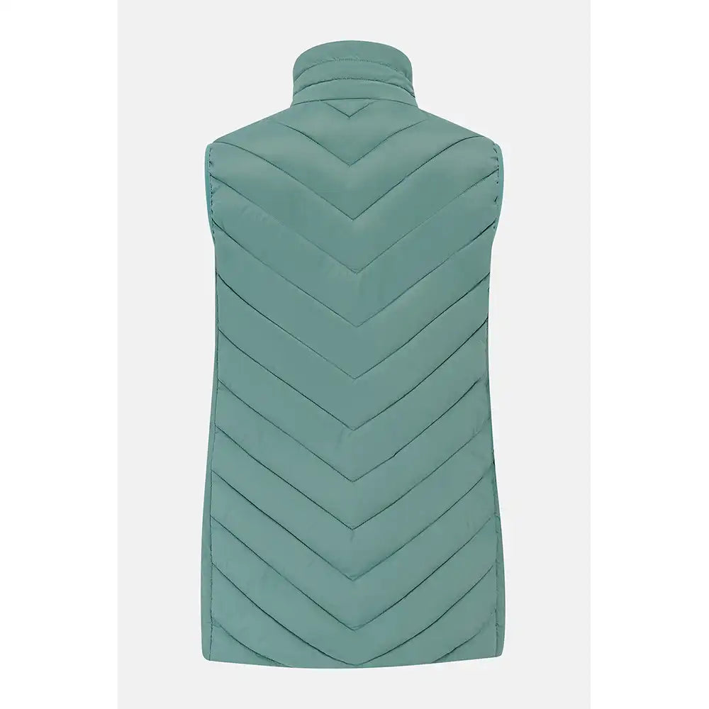 A sleeveless quilted puffer vest in a muted sage green color, shown from the back against a light gray background.