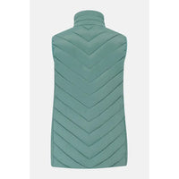 A sleeveless quilted puffer vest in a muted sage green color, shown from the back against a light gray background.