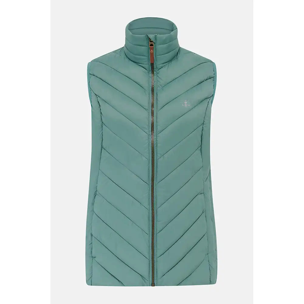 A sleeveless quilted puffer vest in a muted teal green color, featuring a high stand-up collar and a front zipper, shown against a light gray background.