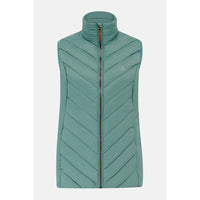 A sleeveless quilted puffer vest in a muted teal green color, featuring a high stand-up collar and a front zipper, shown against a light gray background.