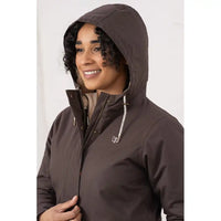 Person wearing a brown hooded jacket on a white background