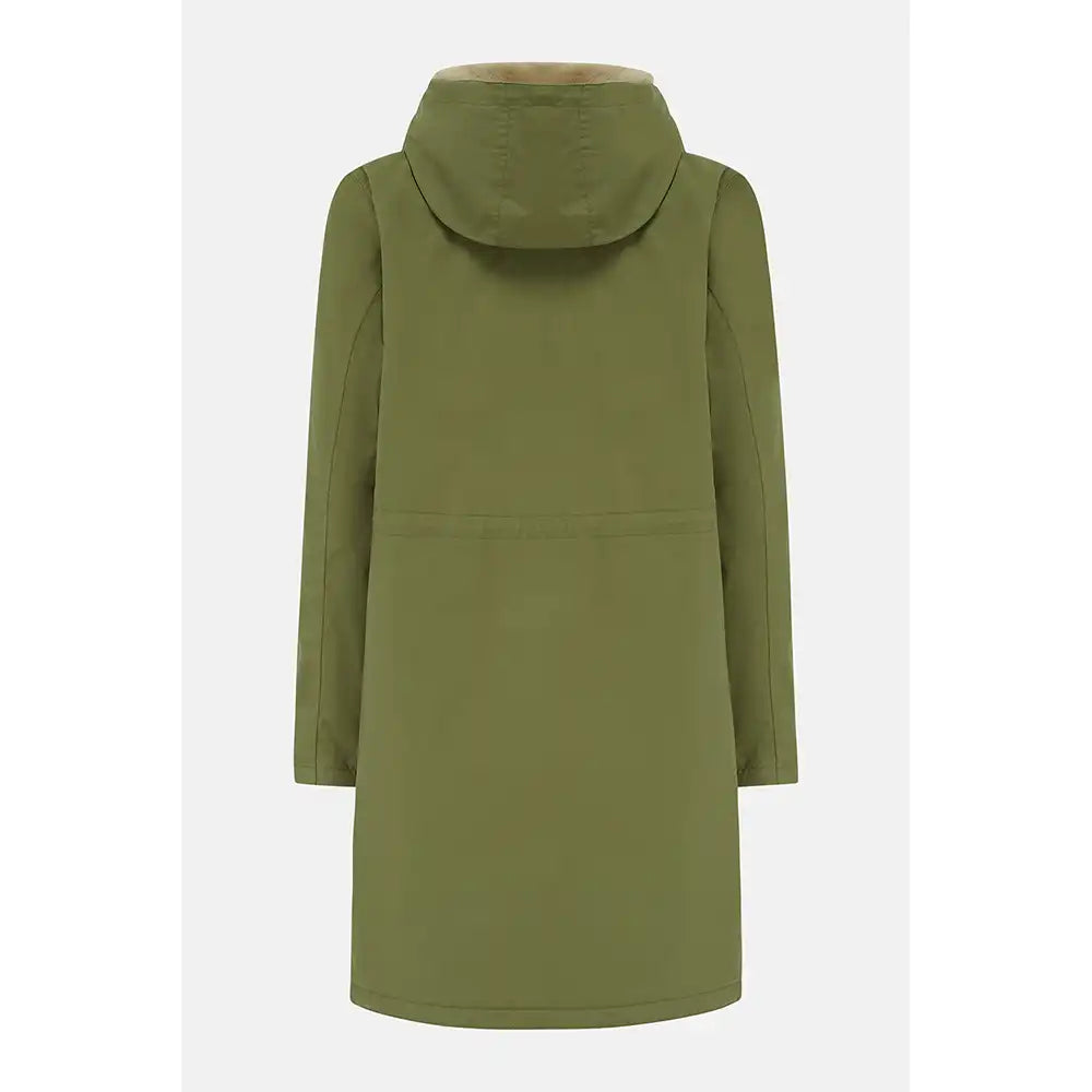 An olive green hooded coat shown from the back, featuring a high collar and long sleeves, set against a plain light gray background.