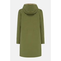 An olive green hooded coat shown from the back, featuring a high collar and long sleeves, set against a plain light gray background.