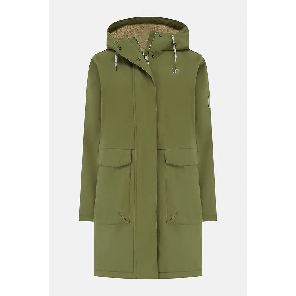 An olive green hooded parka coat with a beige fleece-lined hood, featuring a front snap closure, drawstrings, and two large front flap pockets, shown against a light gray background.
