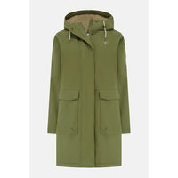 An olive green hooded parka coat with a beige fleece-lined hood, featuring a front snap closure, drawstrings, and two large front flap pockets, shown against a light gray background.