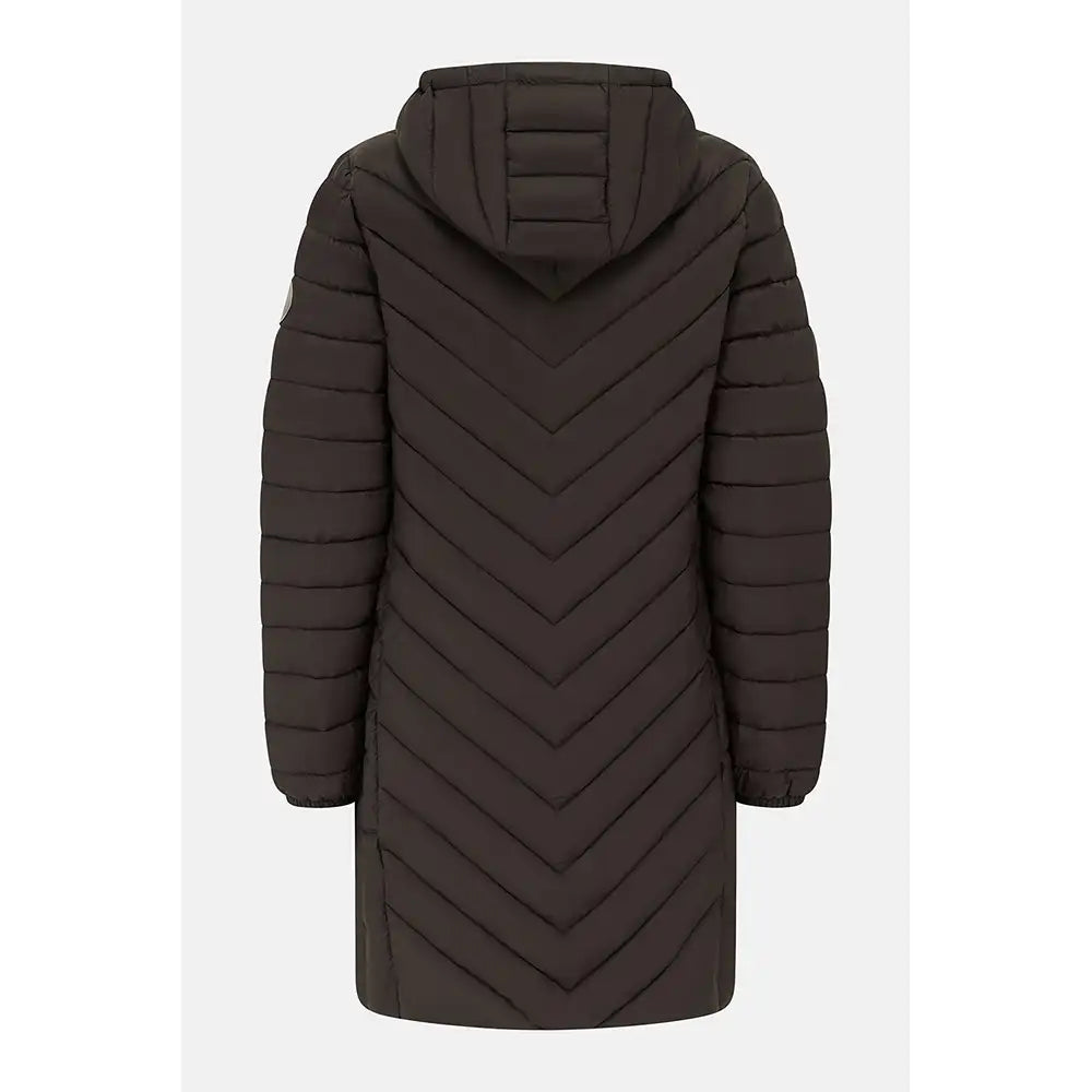 A dark brown hooded puffer coat with a distinctive chevron quilted pattern, shown from the back against a light gray background.