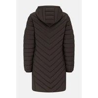 A dark brown hooded puffer coat with a distinctive chevron quilted pattern, shown from the back against a light gray background.