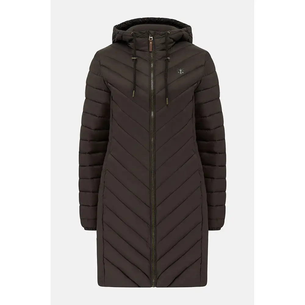A dark brown hooded puffer coat with a chevron quilted pattern and front zipper, shown on a light gray background.