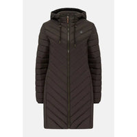 A dark brown hooded puffer coat with a chevron quilted pattern and front zipper, shown on a light gray background.