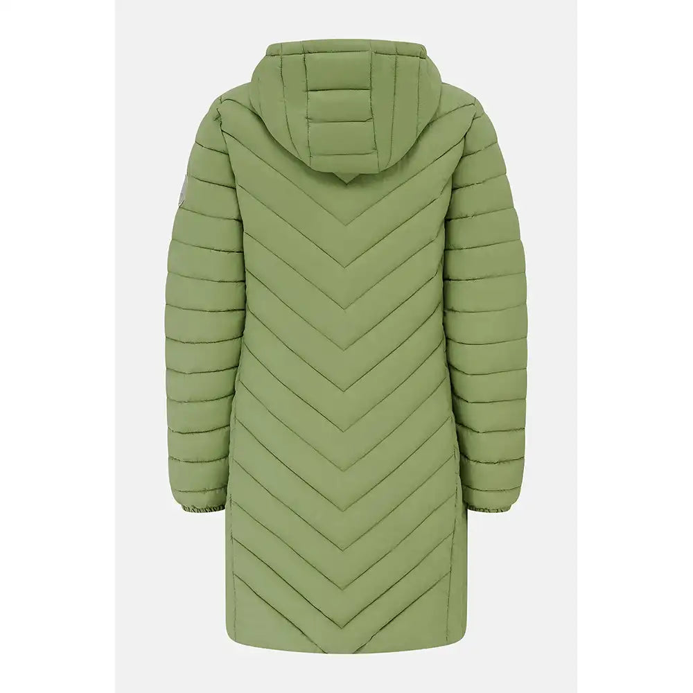 An olive green hooded puffer coat with a distinctive chevron quilted pattern, shown from the back against a light gray background.