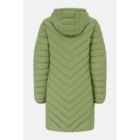 An olive green hooded puffer coat with a distinctive chevron quilted pattern, shown from the back against a light gray background.