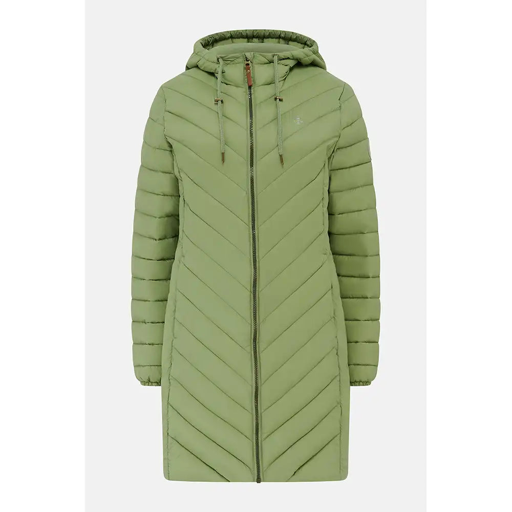 An olive green hooded puffer coat with a diagonal quilted pattern, shown against a plain light gray background.