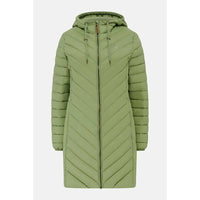 An olive green hooded puffer coat with a diagonal quilted pattern, shown against a plain light gray background.