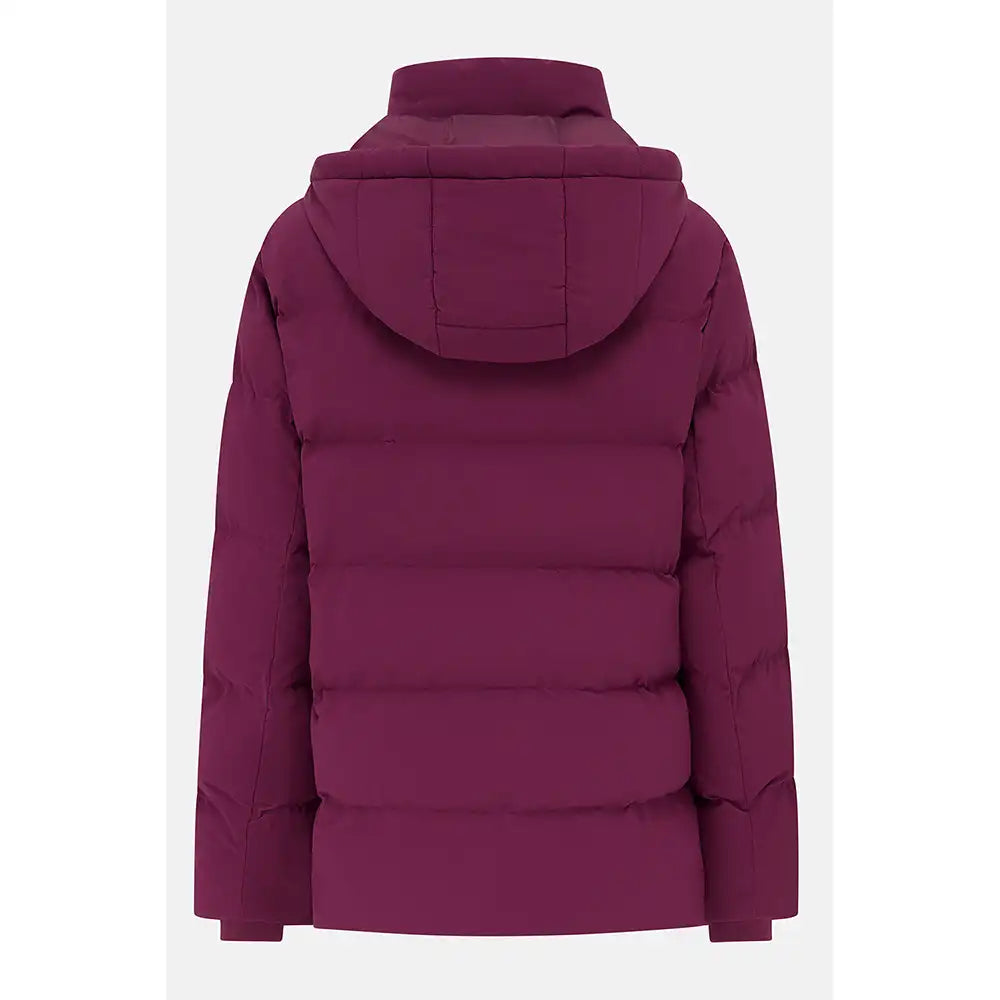 A dark plum purple hooded puffer jacket shown from the back, featuring horizontal quilting and a high padded collar, set against a plain light gray background.