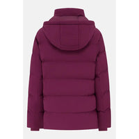 A dark plum purple hooded puffer jacket shown from the back, featuring horizontal quilting and a high padded collar, set against a plain light gray background.