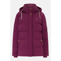 A women's hooded puffer jacket in a deep plum purple color, featuring horizontal quilting, gold-tone snap buttons, white drawstrings, and a small embroidered bird logo on the left chest.