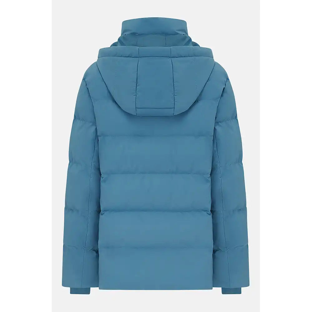 A blue hooded puffer jacket shown from the back, photographed on a light gray studio background.