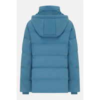 A blue hooded puffer jacket shown from the back, photographed on a light gray studio background.