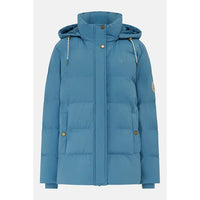 A blue hooded puffer jacket with horizontal quilting, gold-tone snap buttons, and white drawstrings, shown against a light gray background.