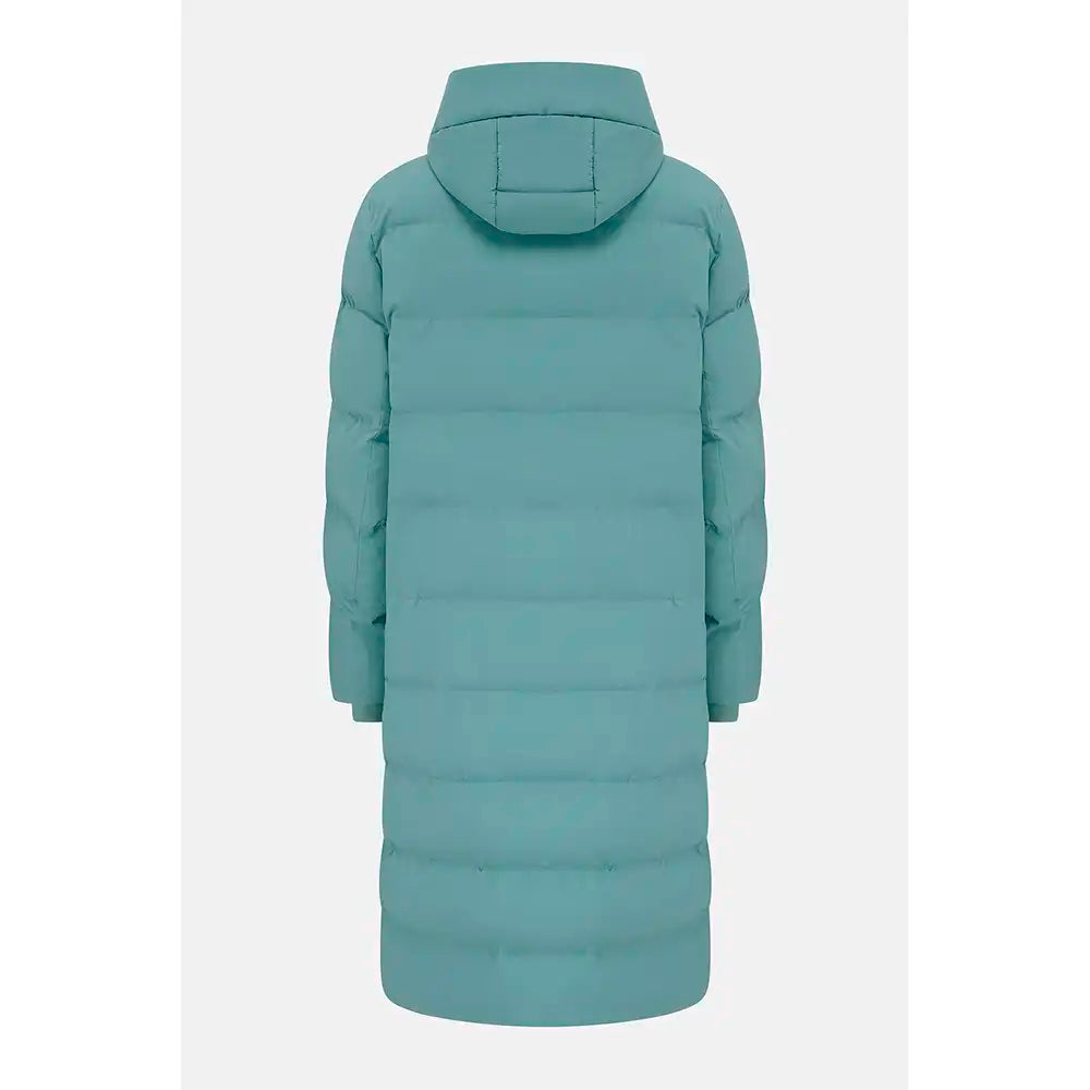 A long, puffer-style hooded coat shown from the back, in a solid teal color, against a light gray background.