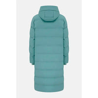 A long, puffer-style hooded coat shown from the back, in a solid teal color, against a light gray background.