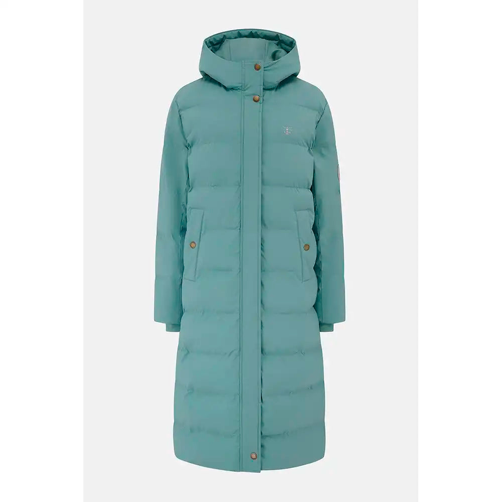 A long, hooded puffer coat in a muted teal-green color, featuring horizontal quilting, brown buttons, and a small white embroidered logo on the left chest, shown against a light gray background.