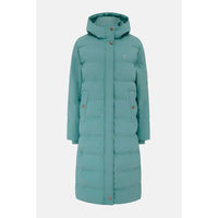 A long, hooded puffer coat in a muted teal-green color, featuring horizontal quilting, brown buttons, and a small white embroidered logo on the left chest, shown against a light gray background.