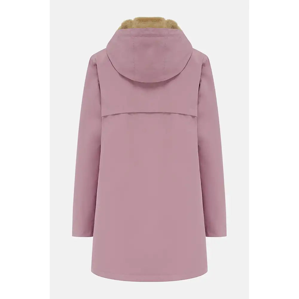 A dusty pink hooded coat shown from the back, featuring a tan faux-fur trim along the hood, set against a light gray background.