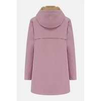 A dusty pink hooded coat shown from the back, featuring a tan faux-fur trim along the hood, set against a light gray background.