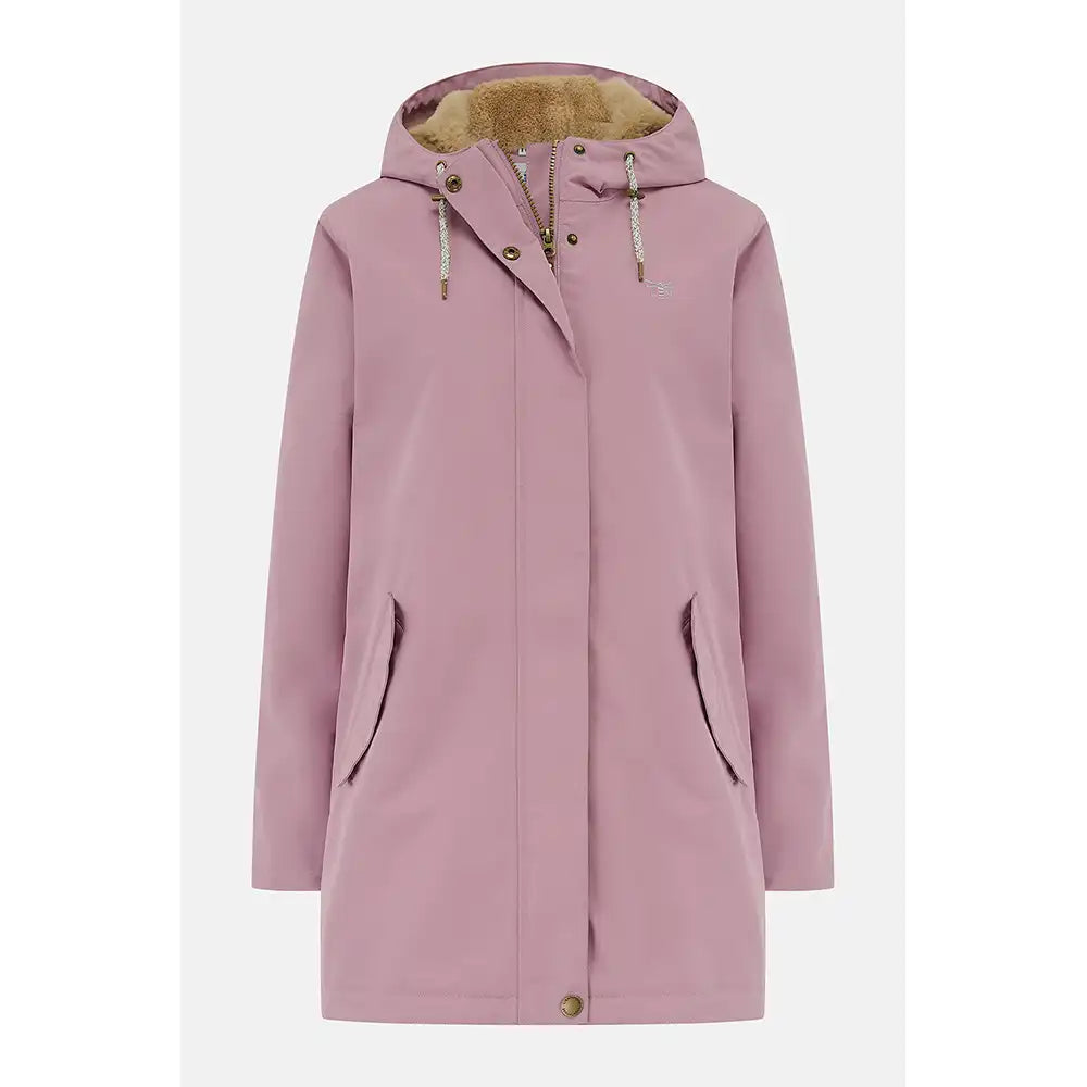 A dusty pink hooded raincoat with a tan faux-fur lined hood, front snap closure, and side pockets, shown against a plain light gray background.