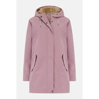 A dusty pink hooded raincoat with a tan faux-fur lined hood, front snap closure, and side pockets, shown against a plain light gray background.