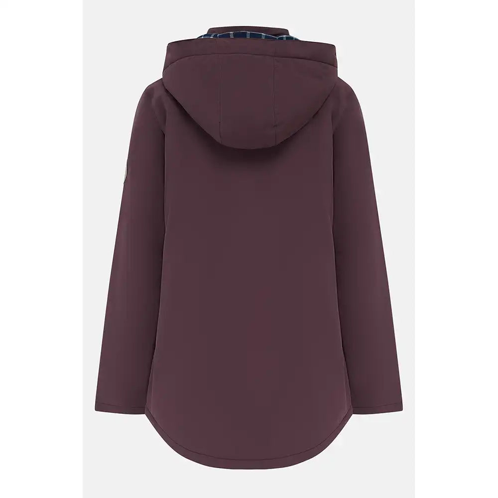 A dark plum hooded jacket shown from the back, featuring a smooth matte finish and a curved hem, set against a plain light gray background.