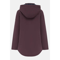 A dark plum hooded jacket shown from the back, featuring a smooth matte finish and a curved hem, set against a plain light gray background.