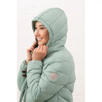 Person wearing a light green puffer jacket on a white background