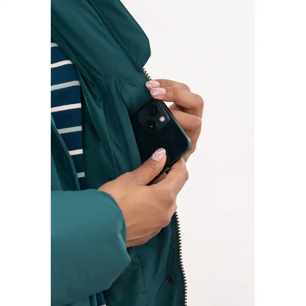 Person wearing a teal raincoat with a phone in hand on a white background