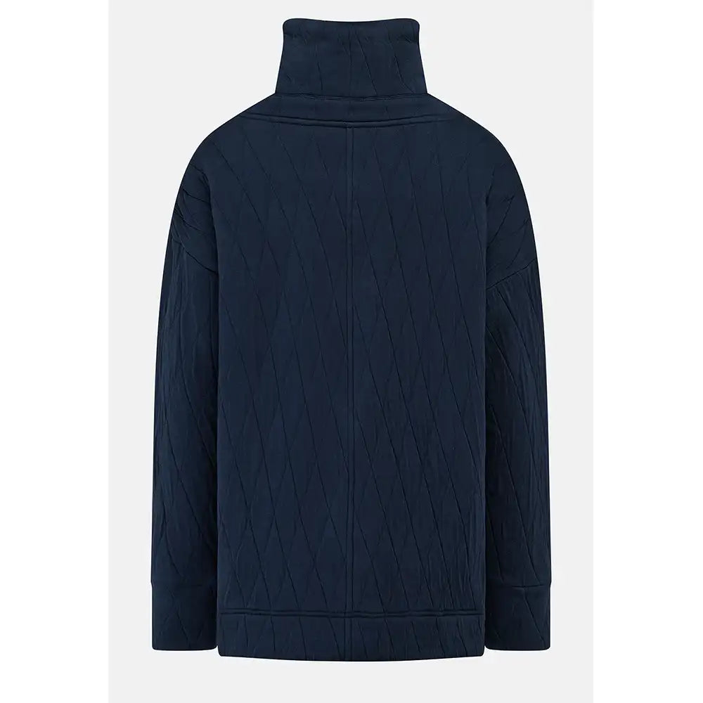 A dark navy blue quilted jacket with a high mock neck collar, shown from the back against a light gray background.