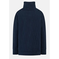 A dark navy blue quilted jacket with a high mock neck collar, shown from the back against a light gray background.