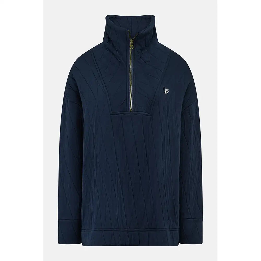 A navy blue crinkled quarter-zip pullover jacket with a high stand-up collar and a small embroidered logo on the left chest, displayed against a light gray background.