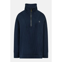 A navy blue crinkled quarter-zip pullover jacket with a high stand-up collar and a small embroidered logo on the left chest, displayed against a light gray background.