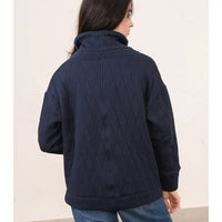 A woman shown from the back wearing a navy blue quilted jacket with a high mock neck collar, paired with blue jeans, against a plain off-white wall.