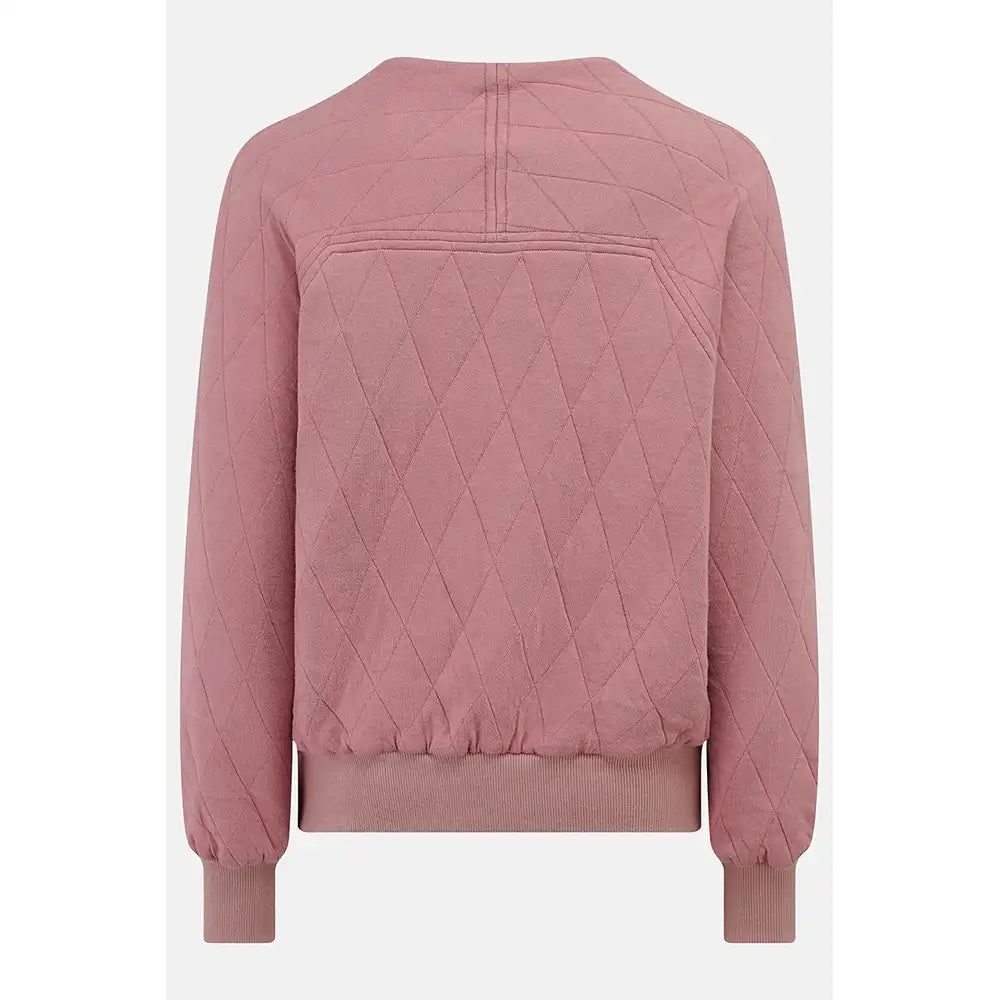 A dusty rose quilted jacket with a diamond pattern, featuring a crew neck, ribbed hem, and ribbed cuffs, shown from the back on a light gray background.